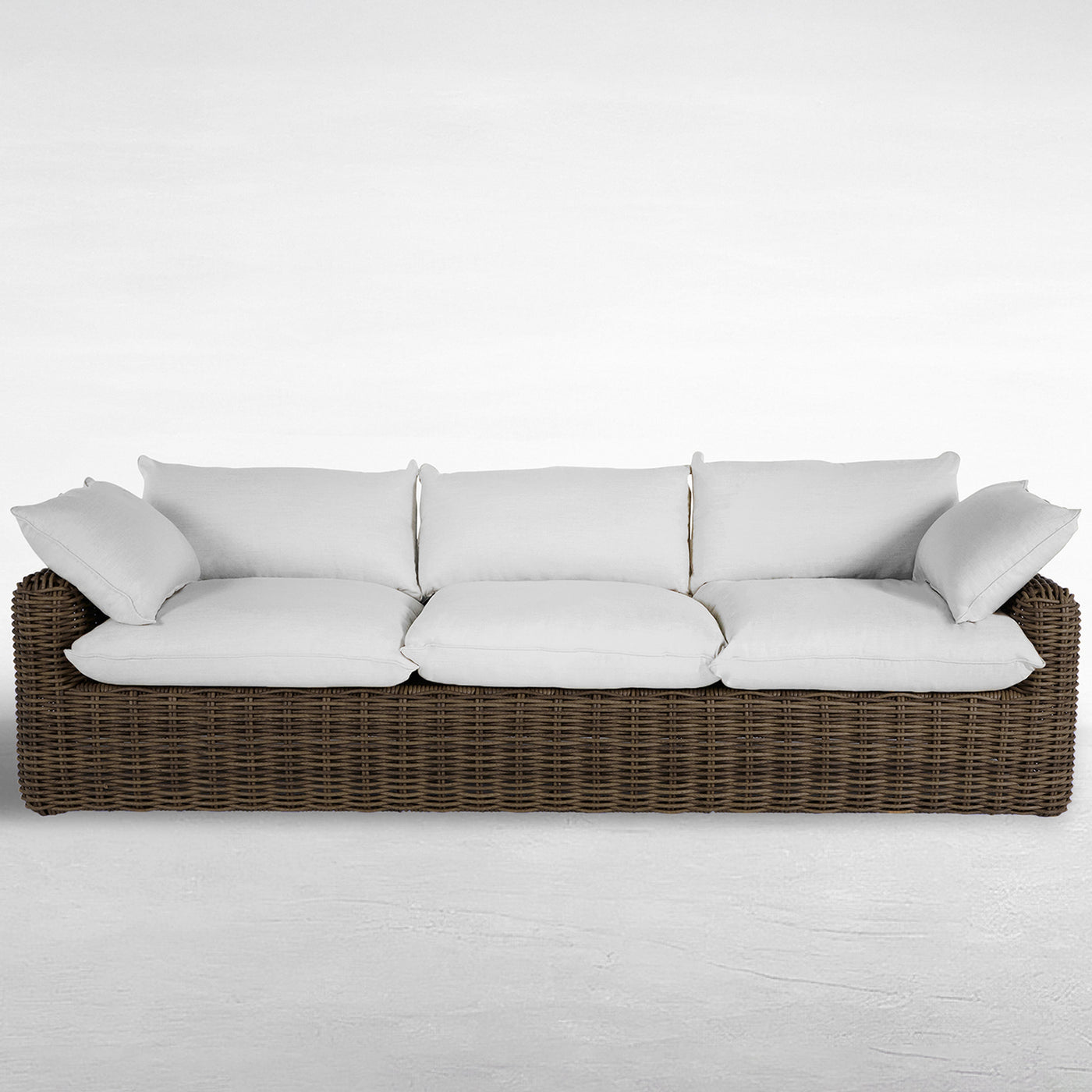 QS Montecito Resin Wicker Sofa, Raffia with Linen Snow Cushions