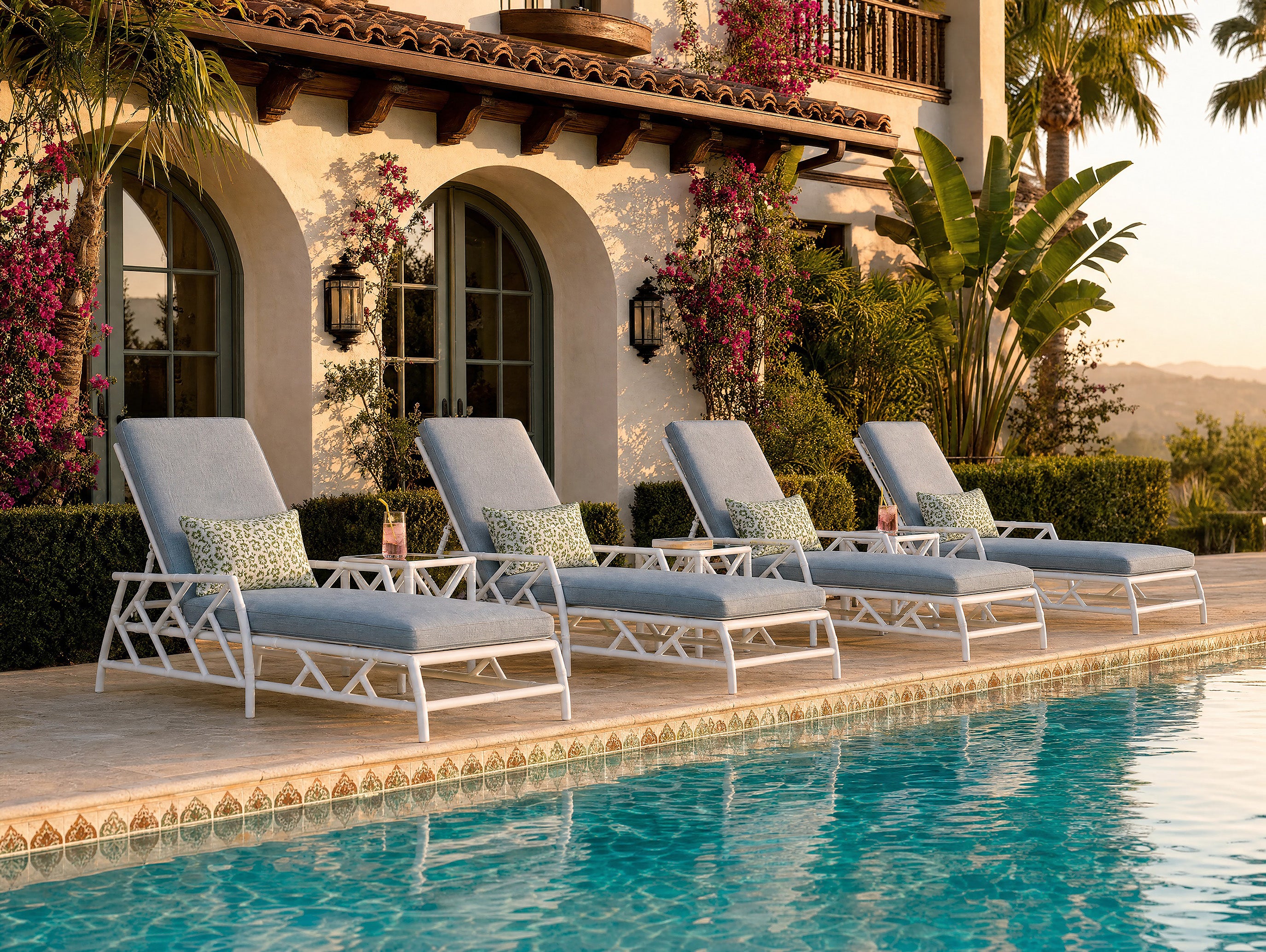 Four outdoor chaise lounge chairs with light blue cushions and white geometric frames arranged beside a swimming pool in front of a Mediterranean-style villa with palm trees and pink flowers.